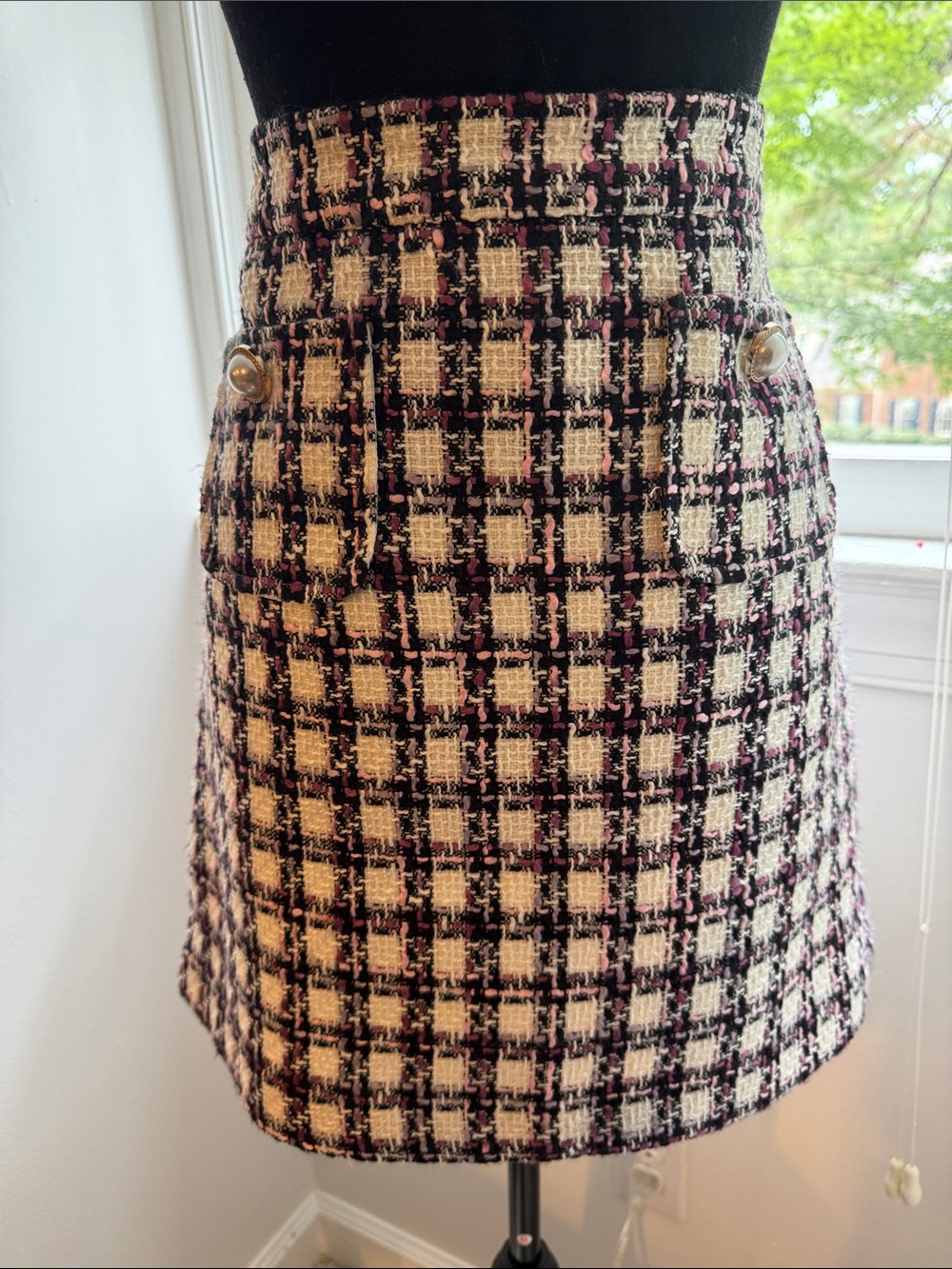 Tweed Mini Skirt in Black, Cream & Pink with Pearl Button Detail